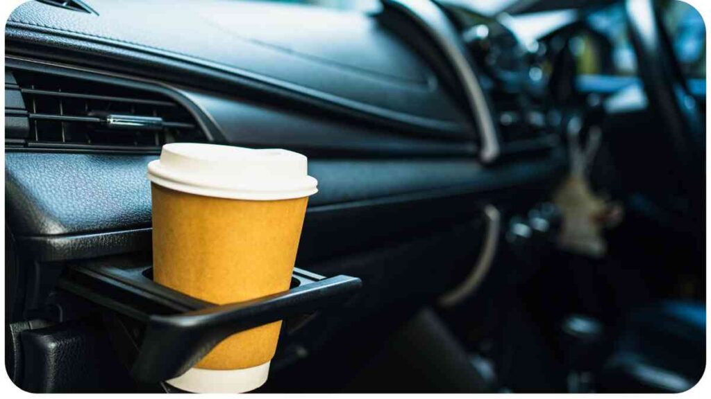 a coffee cup is placed on the dashboard of a car