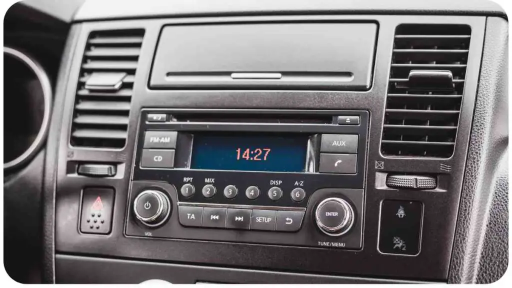 an image of the dashboard of a car with the radio on