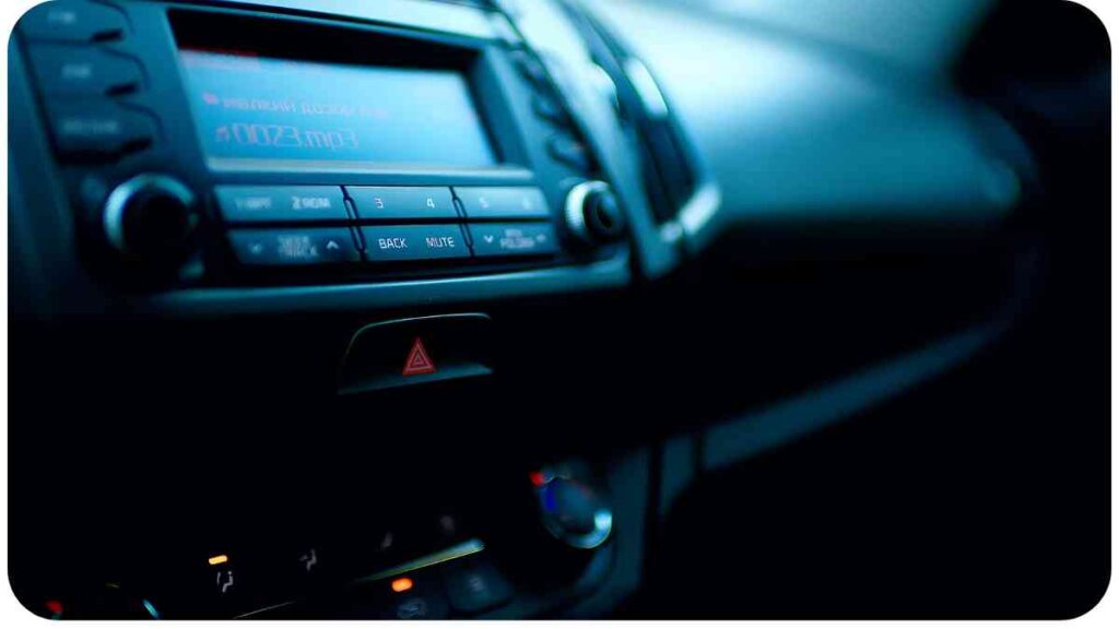 a close up of a car's dashboard with the radio on